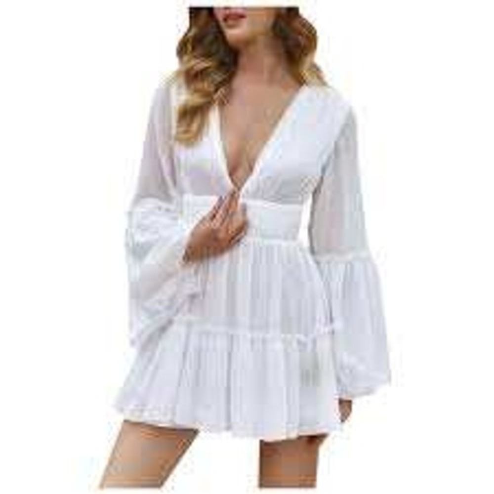 Missord White Plunging V-Neck Bell Sleeve Tiered Ruffle Women Mini Dress XS NWOT